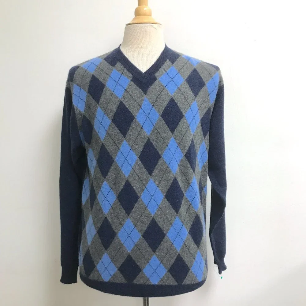 JOHN ASHFORD argyle plaid 100% CASHMERE NAVY blue v neck Sweater retro M